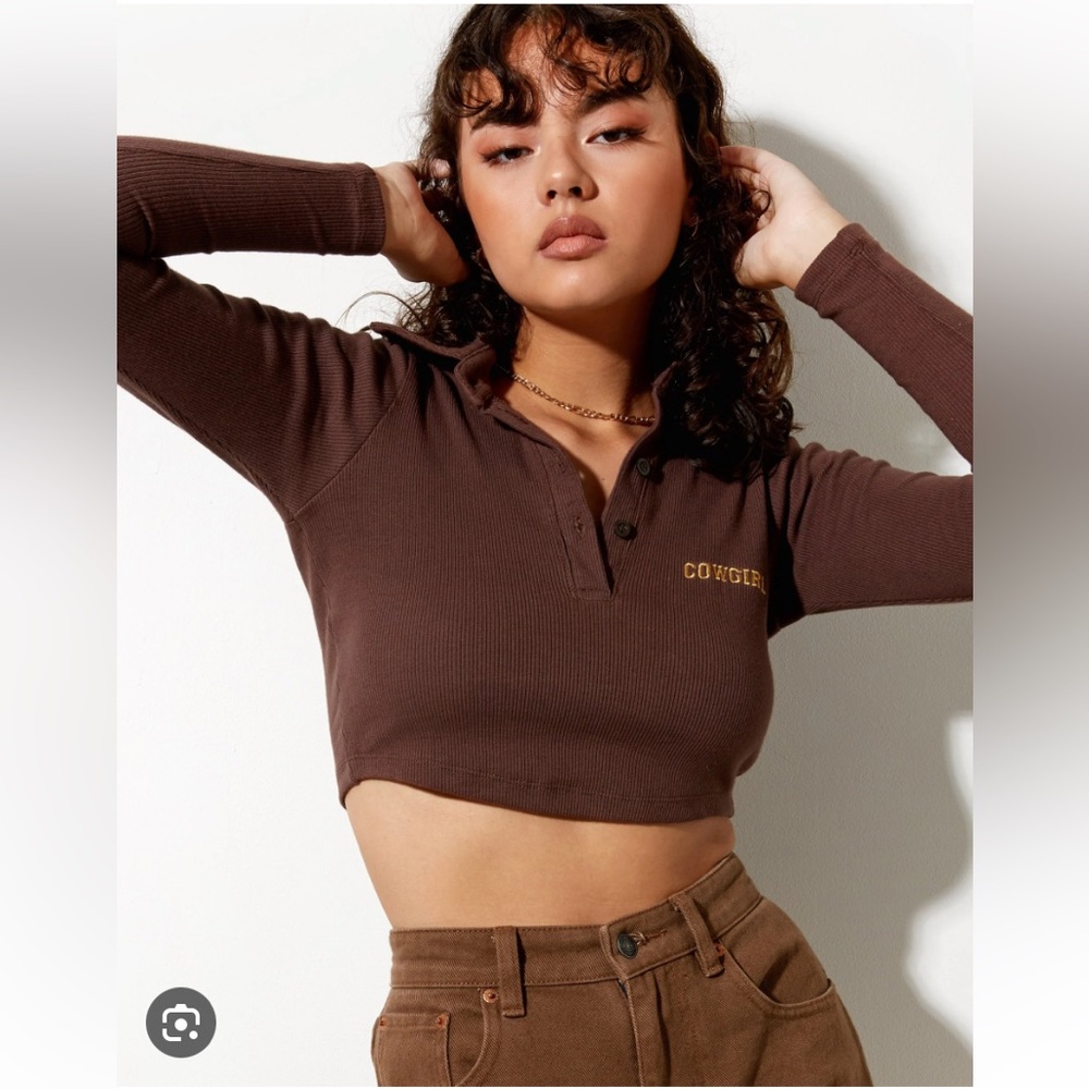 NWT Cowgirl Elody long sleeve polo Crop Top shirt Mahogany cropped collar ribbed